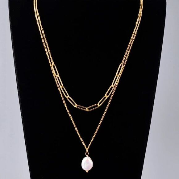 Brand New Rose Gold Double Chain Fresh Water Pearl Adjustable Necklace 18 -24 in - Picture 3 of 6